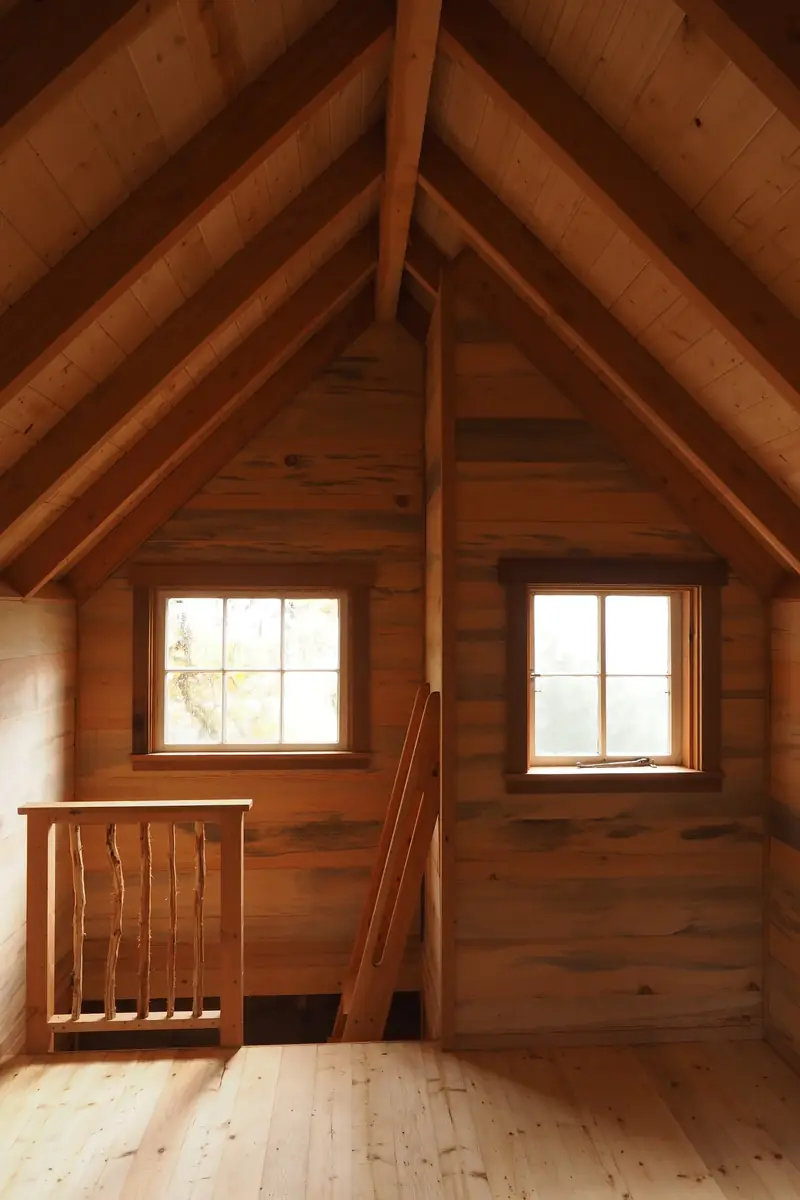 Interior sleeping loft with a vaulted fir ceiling, two paned windows, and a ladder to the floor below
