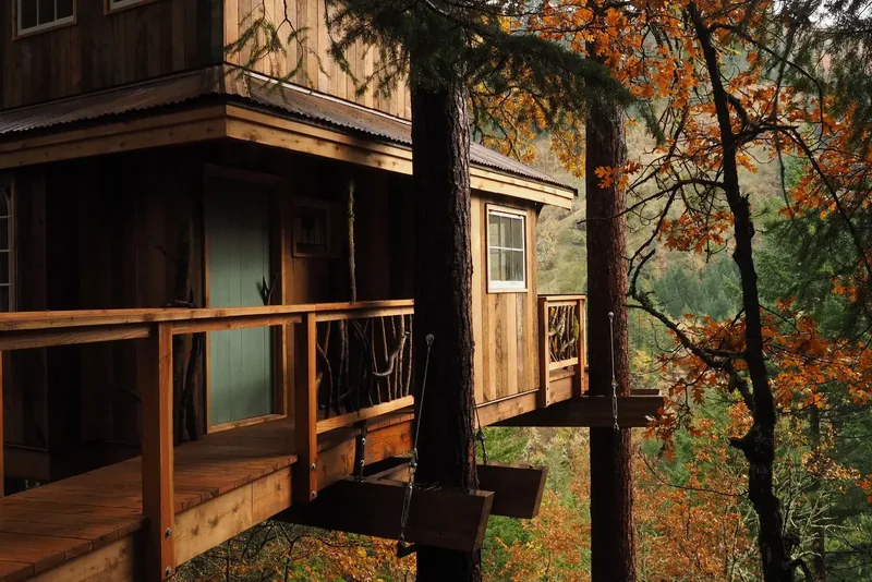 The porch and green front door of the treehouse, with suspension cables anchoring the deck to the pines