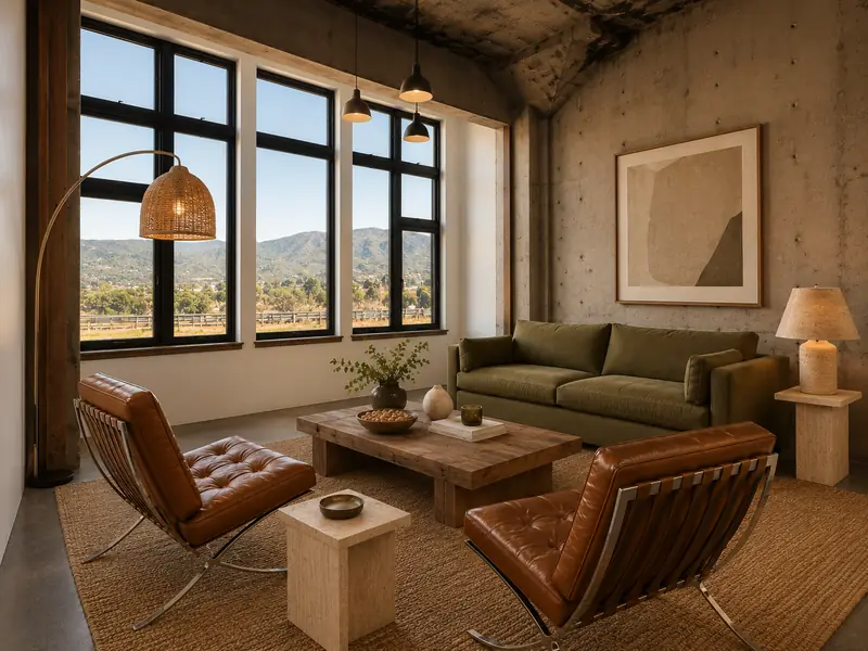 Union Lofts living room with board-formed concrete walls, tall black-framed windows looking out to the hills, an olive sofa and leather lounge chairs on a jute rug
